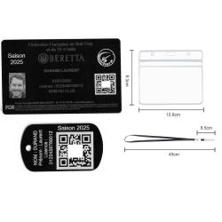 Licence de tir FFBT + Port&eacute; cl&eacute; TAG militaire en aluminium grav&eacute; au laser (Recto) + Porte badge tour