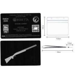 Licence de tir FFBT en aluminium grav&eacute; au laser (Recto / Verso) + Porte badge tour de cou