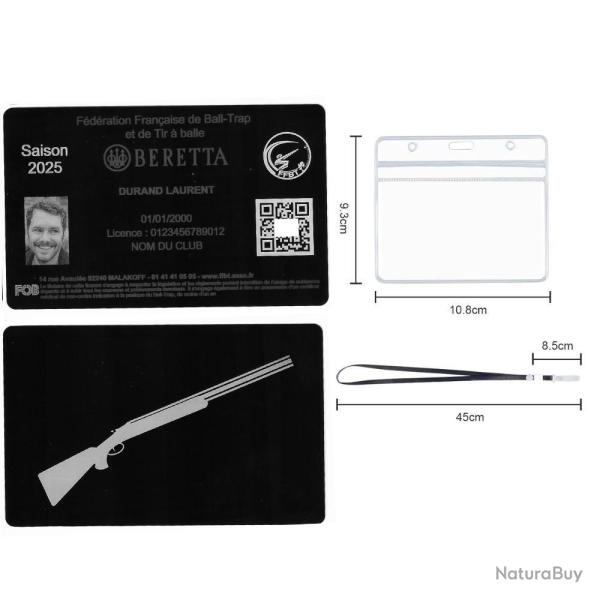 Licence de tir FFBT en aluminium grav� au laser (Recto / Verso) + Porte badge tour de cou