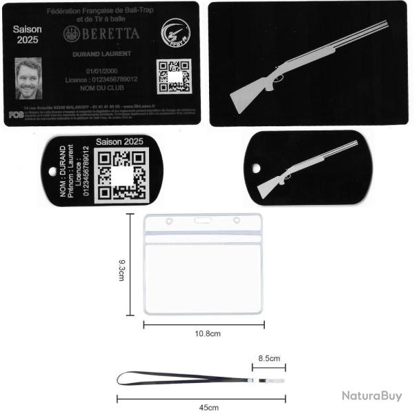 Licence de tir FFBT + Port� cl� TAG militaire en aluminium grav� au laser (Recto / Verso) + Porte ba