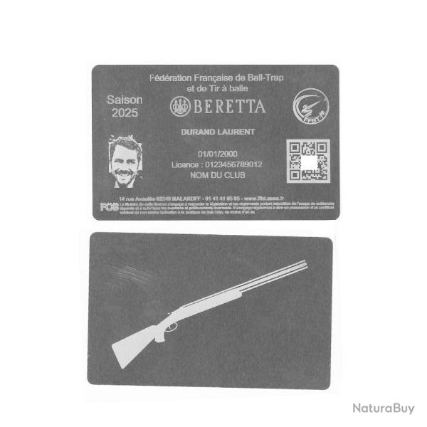 Licence de Ball-Trap en aluminium argent� grav� au laser (Recto / Verso)