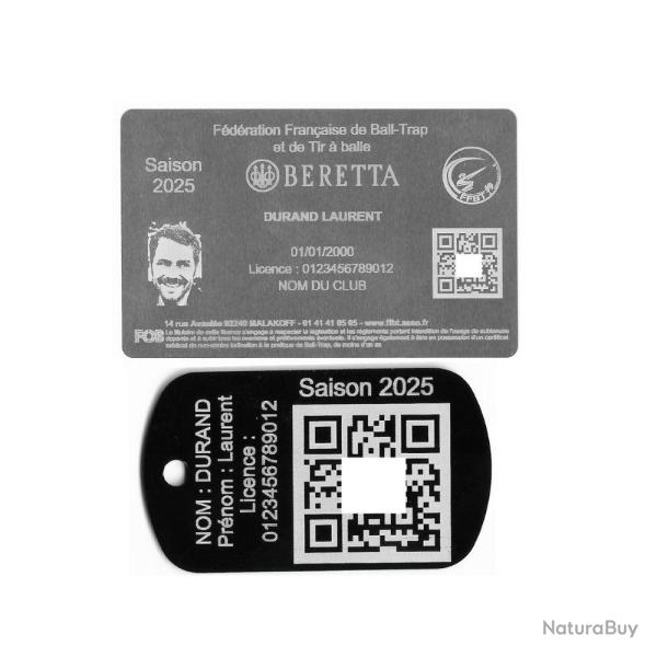 Licence de tir FFBT argent� + Port� cl� TAG militaire en aluminium noir grav� au laser (Recto)