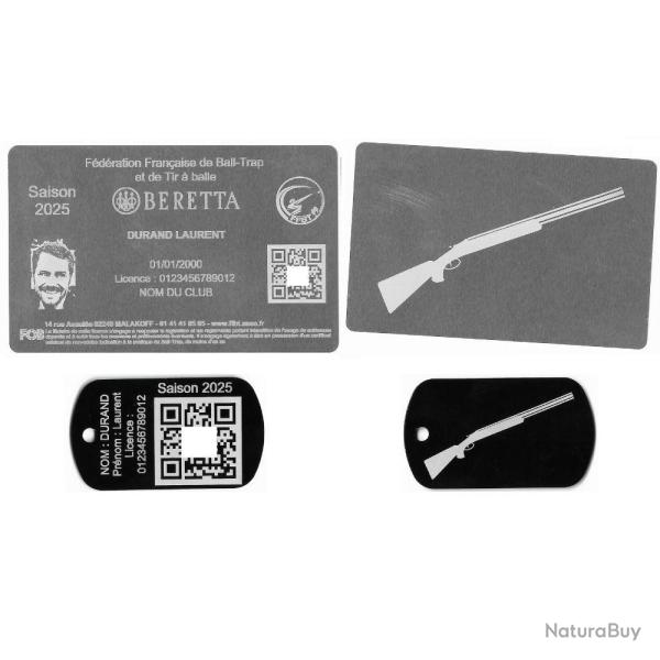 Licence de tir FFBT argent� + Port� cl� TAG militaire en aluminium grav� au laser (Recto / Verso)