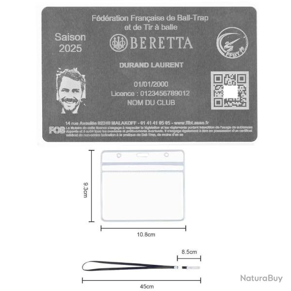Licence de tir FFBT argent� en aluminium grav� au laser (Recto) + Porte badge tour de cou