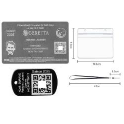 Licence de tir FFBT argent&eacute; + Port&eacute; cl&eacute; TAG militaire en aluminium grav&eacute; au laser (Recto) + Porte ba