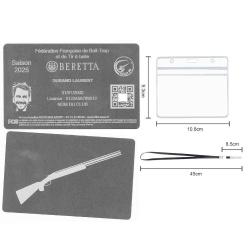 Licence de tir FFBT argent&eacute; en aluminium grav&eacute; au laser (Recto / Verso) + Porte badge tour de cou