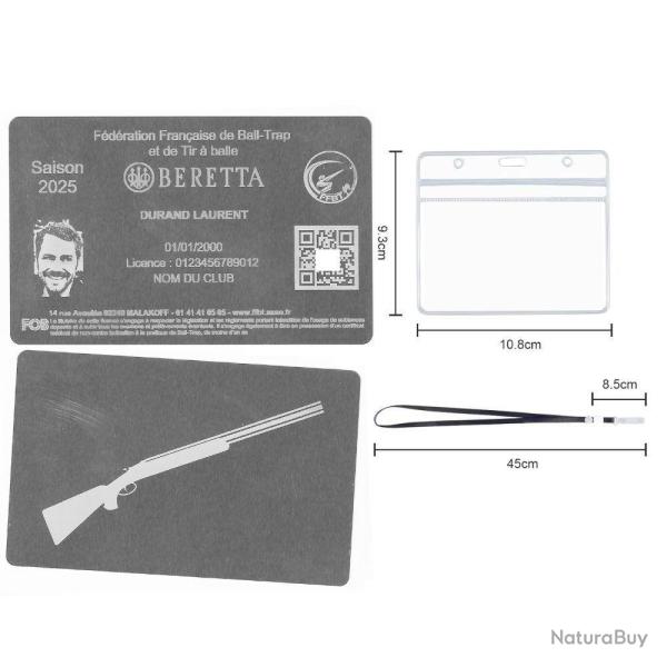 Licence de tir FFBT argent� en aluminium grav� au laser (Recto / Verso) + Porte badge tour de cou