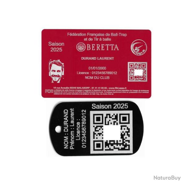 Licence de tir FFBT rouge + Port� cl� TAG militaire en aluminium grav� au laser (Recto)