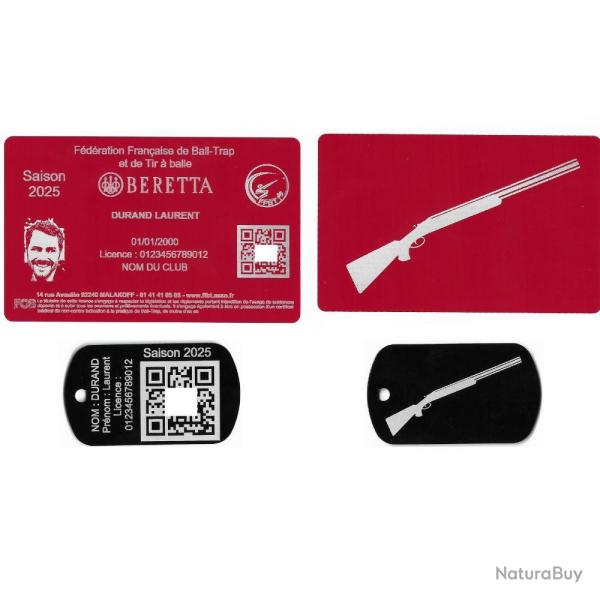 Licence de tir FFBT rouge + Port� cl� TAG militaire en aluminium grav� au laser (Recto / Verso)