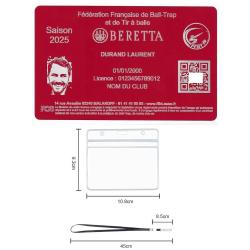 Licence de tir FFBT rouge en aluminium grav&eacute; au laser (Recto) + Porte badge tour de cou