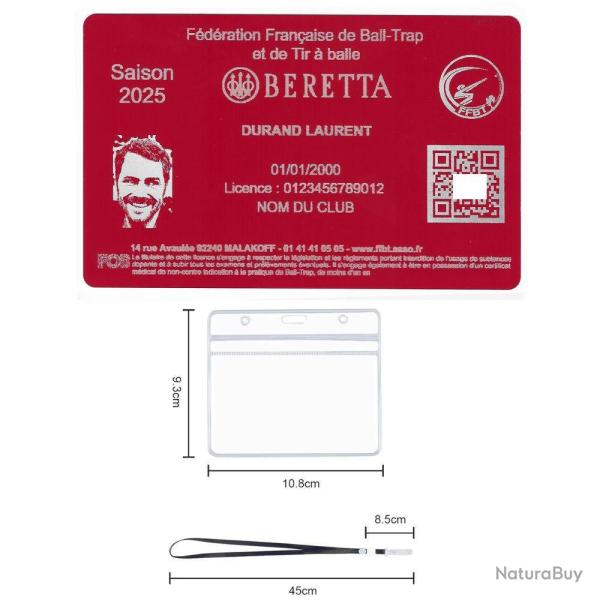 Licence de tir FFBT rouge en aluminium grav� au laser (Recto) + Porte badge tour de cou
