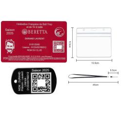 Licence de tir FFBT rouge + Port&eacute; cl&eacute; TAG militaire en aluminium grav&eacute; au laser (Recto) + Porte badg