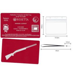Licence de tir FFBT rouge en aluminium grav&eacute; au laser (Recto / Verso) + Porte badge tour de cou
