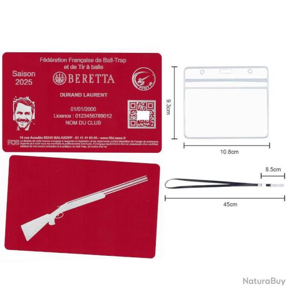 Licence de tir FFBT rouge en aluminium grav� au laser (Recto / Verso) + Porte badge tour de cou