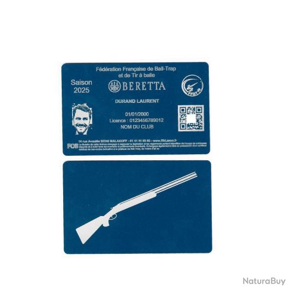 Licence de Ball-Trap en aluminium bleu grav� au laser (Recto / Verso)