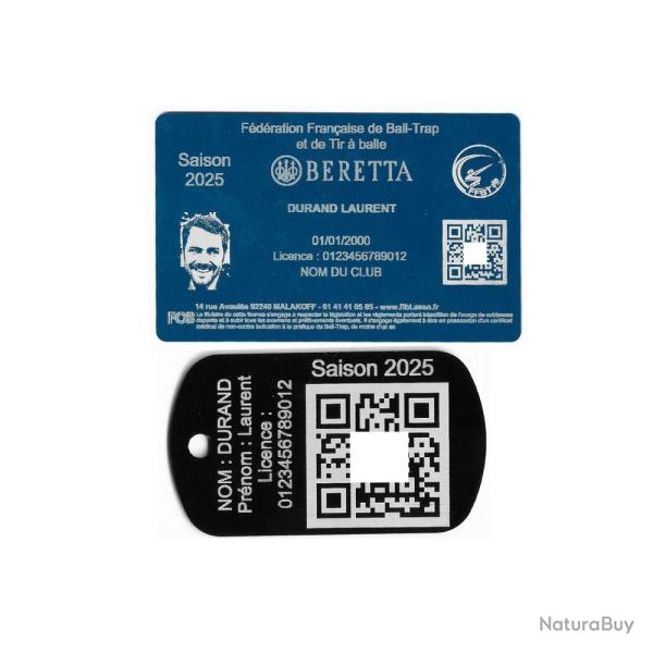 Licence de tir FFBT bleu + Port� cl� TAG militaire en aluminium grav� au laser (Recto)
