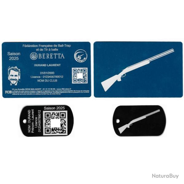 Licence de tir FFBT bleu + Port� cl� TAG militaire en aluminium grav� au laser (Recto / Verso)