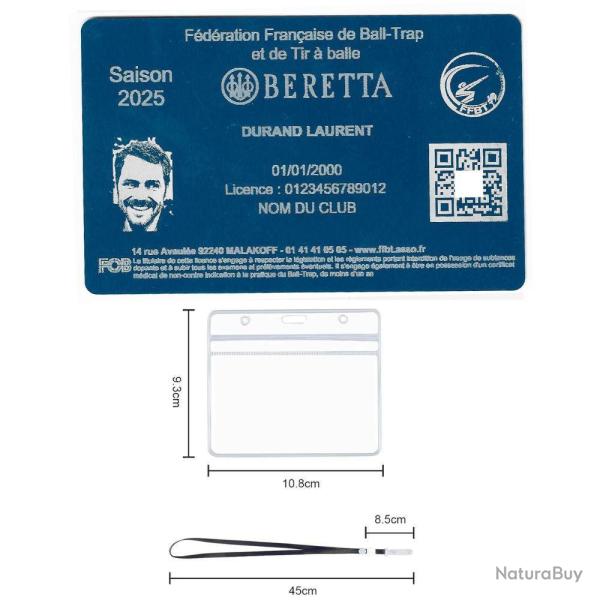 Licence de tir FFBT bleu en aluminium grav� au laser (Recto) + Porte badge tour de cou