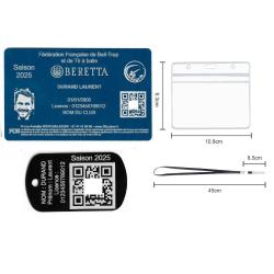 Licence de tir FFBT bleu + Port&eacute; cl&eacute; TAG militaire en aluminium grav&eacute; au laser (Recto) + Porte badge