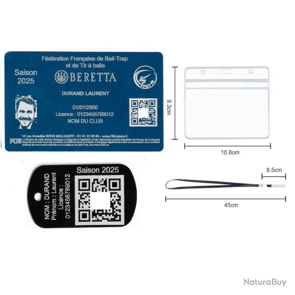 Licence de tir FFBT bleu + Port� cl� TAG militaire en aluminium grav� au laser (Recto) + Porte badge