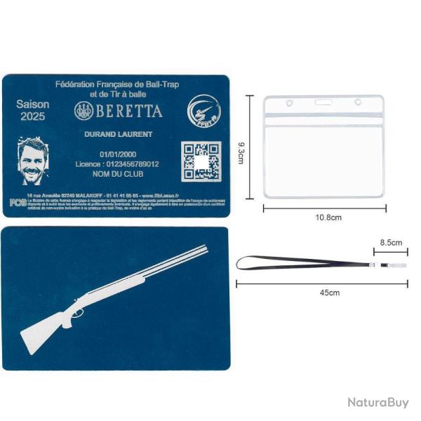 Licence de tir FFBT bleu en aluminium grav� au laser (Recto / Verso) + Porte badge tour de cou