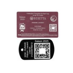 Licence de tir FFBT rose + Port&eacute; cl&eacute; TAG militaire en aluminium grav&eacute; au laser (Recto)