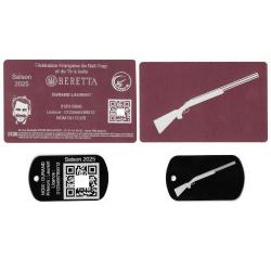 Licence de tir FFBT rose + Port&eacute; cl&eacute; TAG militaire en aluminium grav&eacute; au laser (Recto / Verso)