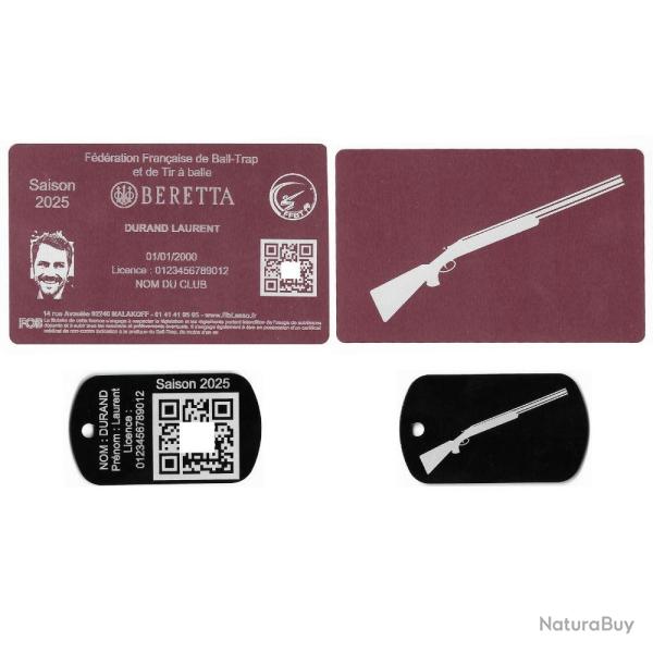 Licence de tir FFBT rose + Port� cl� TAG militaire en aluminium grav� au laser (Recto / Verso)