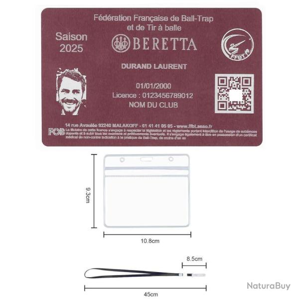Licence de tir FFBT rose en aluminium grav� au laser (Recto) + Porte badge tour de cou