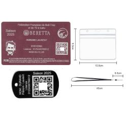 Licence de tir FFBT rose + Port&eacute; cl&eacute; TAG militaire en aluminium grav&eacute; au laser (Recto) + Porte badge