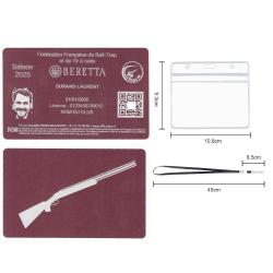 Licence de tir FFBT rose en aluminium grav&eacute; au laser (Recto / Verso) + Porte badge tour de cou