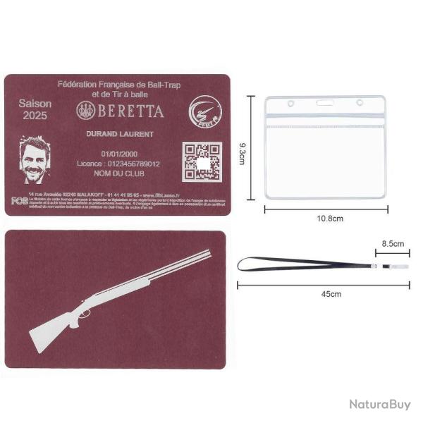 Licence de tir FFBT rose en aluminium grav� au laser (Recto / Verso) + Porte badge tour de cou