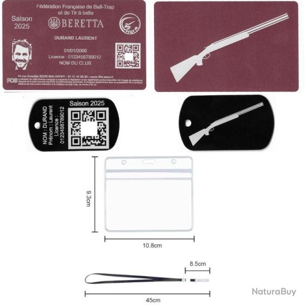 Licence de tir FFBT rose + Port� cl� TAG militaire en aluminium grav� au laser (Recto / Verso) + Por