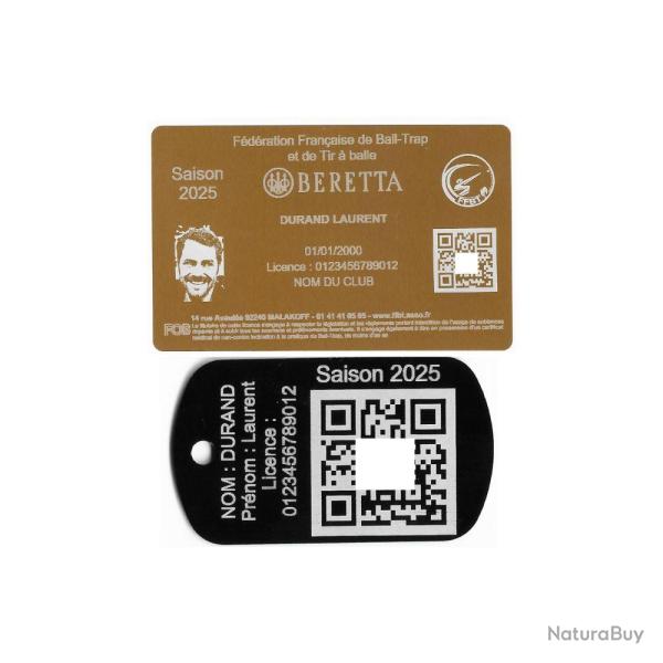 Licence de tir FFBT dor� + Port� cl� TAG militaire en aluminium grav� au laser (Recto)