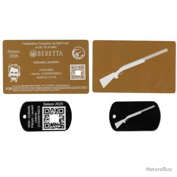 Licence de tir FFBT dor� + Port� cl� TAG militaire en aluminium grav� au laser (Recto / Verso)