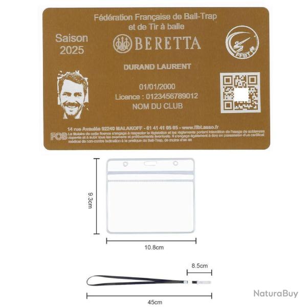 Licence de tir FFBT dor� en aluminium grav� au laser (Recto) + Porte badge tour de cou