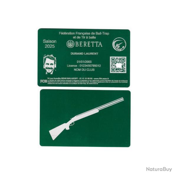 Licence de Ball-Trap en aluminium vert grav� au laser (Recto / Verso)