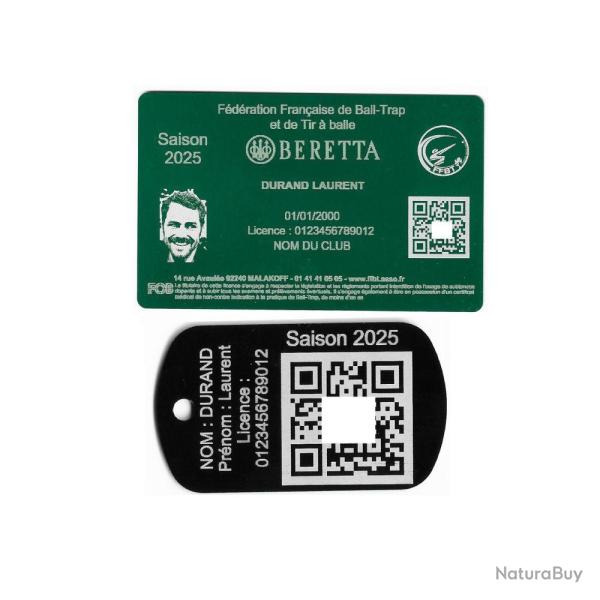Licence de tir FFBT vert + Port� cl� TAG militaire en aluminium grav� au laser (Recto)