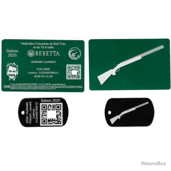 Licence de tir FFBT vert + Port� cl� TAG militaire en aluminium grav� au laser (Recto / Verso)