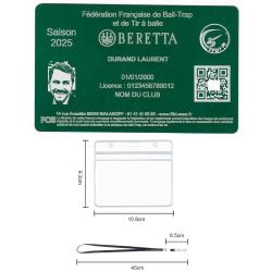 Licence de tir FFBT vert en aluminium grav&eacute; au laser (Recto) + Porte badge tour de cou