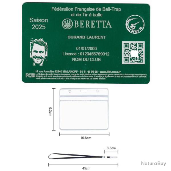 Licence de tir FFBT vert en aluminium grav� au laser (Recto) + Porte badge tour de cou