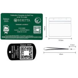 Licence de tir FFBT vert + Port&eacute; cl&eacute; TAG militaire en aluminium grav&eacute; au laser (Recto) + Porte badge