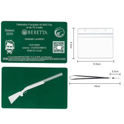 Licence de tir FFBT vert en aluminium grav&eacute; au laser (Recto / Verso) + Porte badge tour de cou