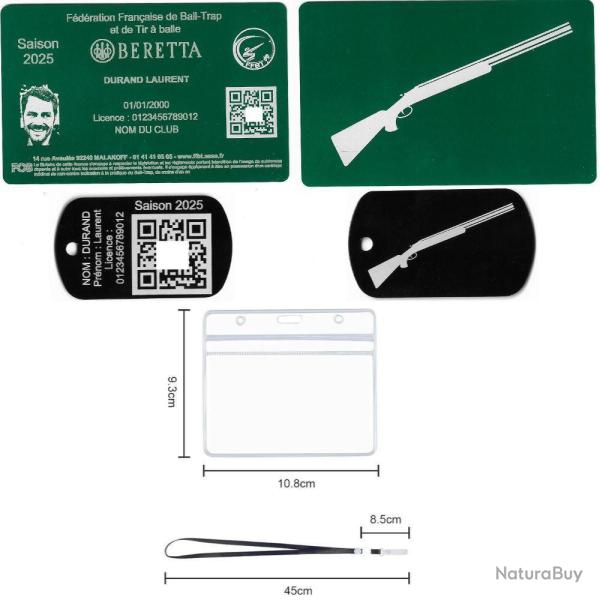 Licence de tir FFBT vert + Port� cl� TAG militaire en aluminium grav� au laser (Recto / Verso) + Por