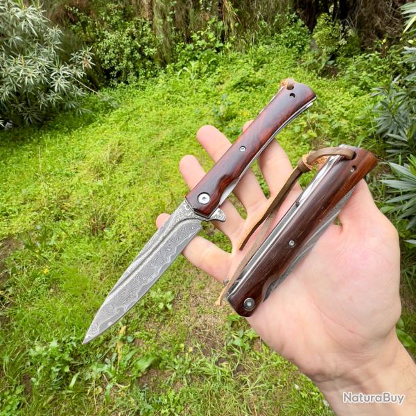 Couteau pliant acier damas manche bois collection custom rdv camping de poche