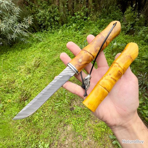 Couteau lame fixe acier damas collection custom bois stabilis� style japonais