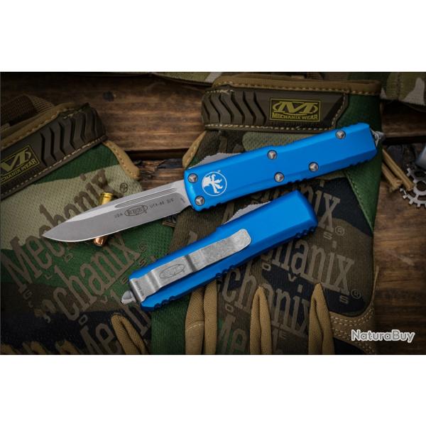 Couteau Automatique OTF Microtech UTX-85 Lame Acier Premium Apocalyptic Manche Bleu USA MCT23110APBL