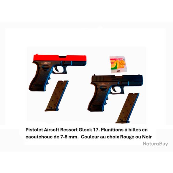R�plique pistolet Airsoft Ressort Glock 17. Billes caoutchouc de 7-8 mm. Couleur choix Rouge ou Noir