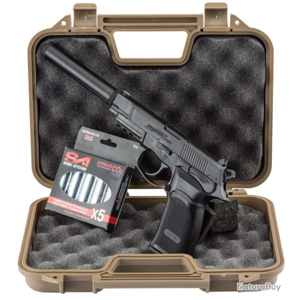 Pack airsoft Bersa Thunder 9 CO2 + mallette + 5 cartouches de CO2 + silencieux - Pack