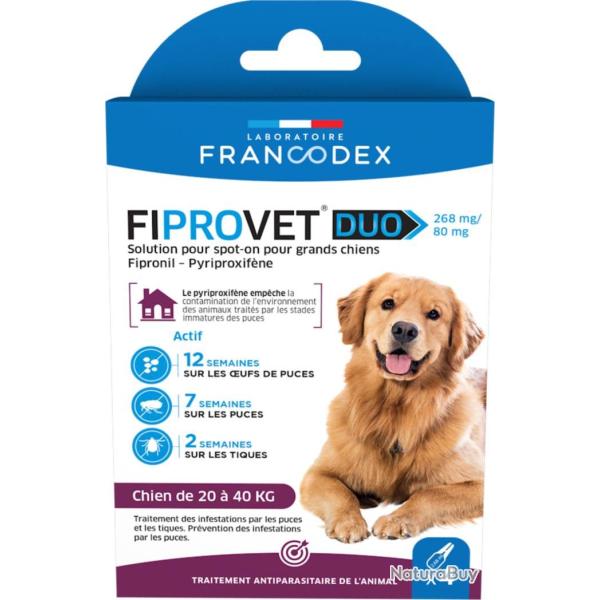 4 pipettes FIPROVET DUO Solution pour spot-on pour grands chiens de 20 kg � 40 kg 2.68ml / 0.80ml